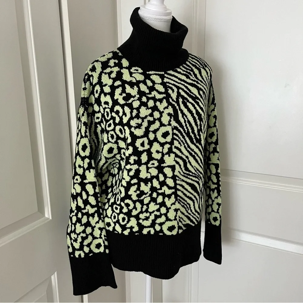 ZARA Chunky Mod Turtleneck Sweater – Leopard Zebra Print, Chartreuse, Size M - Picture 5 of 16